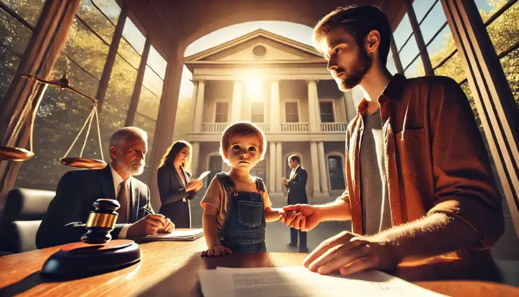 A cinematic, wide-angle, photo-realistic image capturing the essence of temporary authorization for care of a minor child in Texas. The scene depicts a responsible caregiver holding the hand of a young child, standing in front of a family courthouse under the warm summer sunlight. The child looks reassured, while the caregiver appears confident. In the background, a parent is seen signing legal documents with a lawyer, symbolizing the formal process of granting temporary care. The atmosphere is warm and inviting, representing security and trust in a legal framework.