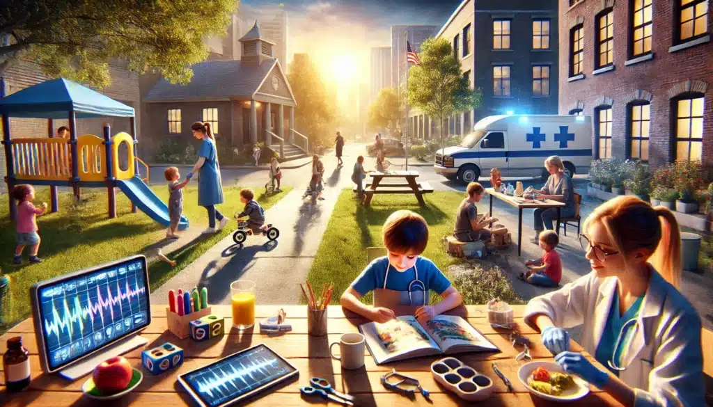 A cinematic, wide-angle, photo-realistic image capturing a child engaged in various activities while under temporary care during a warm summer day. The scene showcases a responsible caregiver watching over the child as they play in a sunlit park, participate in a fun arts and crafts session, and enjoy a meal together at an outdoor table. In the background, a school and a doctor's office symbolize the various responsibilities a temporary caregiver may handle. The atmosphere conveys warmth, security, and a sense of normalcy in temporary child care.