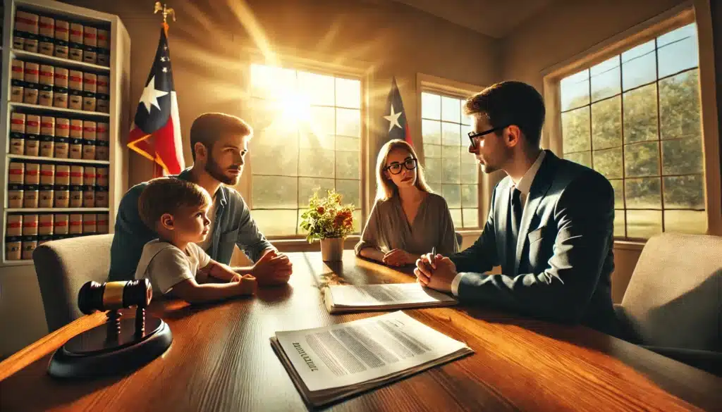 A cinematic, wide-angle, photo-realistic image capturing a Texas family law attorney consulting with a family about legal custody. The scene is set in a professional yet warm law office with large windows letting in golden summer sunlight. A well-dressed attorney sits across from a concerned parent and a trusted caregiver, explaining legal custody documents spread across the table. The atmosphere conveys trust, clarity, and professionalism, with a Texas state flag subtly visible in the background. The family listens attentively, feeling reassured about the process.