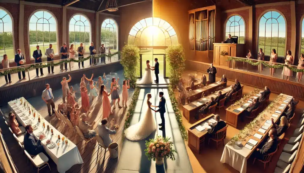 A cinematic, photo-realistic wide-angle image illustrating the concept of void marriages in Texas. The scene features a split wedding venue—on one side, a joyful couple celebrating their marriage with guests, and on the other side, a tense courtroom setting where legal documents are being reviewed by a judge. The atmosphere captures the contrast between romance and legal complexity, symbolizing the invalidation of the marriage. The image has a warm summer vibe, with golden sunlight casting dramatic shadows, enhancing the cinematic effect.