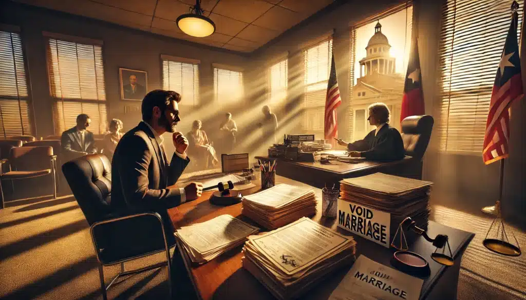 A cinematic, photo-realistic wide-angle image depicting the process of gathering evidence for a void marriage in Texas. The scene features a determined individual sitting at a lawyer’s office, organizing legal documents, marriage certificates, and birth records. A witness is seen giving testimony to an attorney, while a courthouse looms in the background under the warm summer sunlight. The atmosphere captures the seriousness of the legal process, with dramatic lighting emphasizing the weight of the situation. The image portrays realism, professionalism, and storytelling with a summer vibe.