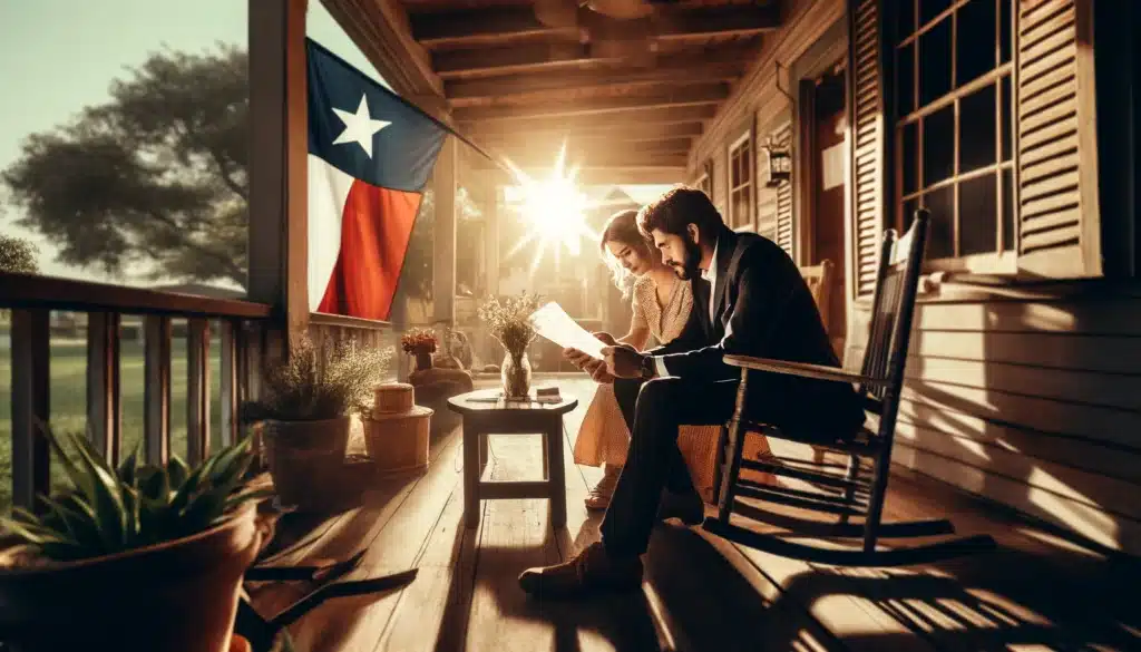 A wide-angle, photo-realistic, cinematic image capturing the key elements of Texas common law marriage. A couple sits together on a rustic Texas porch, bathed in warm summer sunlight, looking at legal documents. One is holding a pen, the other reviewing a paper with a thoughtful expression. Nearby, a Texas flag waves gently in the breeze. The setting includes a wooden rocking chair, potted plants, and an old-fashioned lantern, evoking a charming yet serious atmosphere. The image conveys the significance of mutual agreement, cohabitation, and public representation in common law marriage.