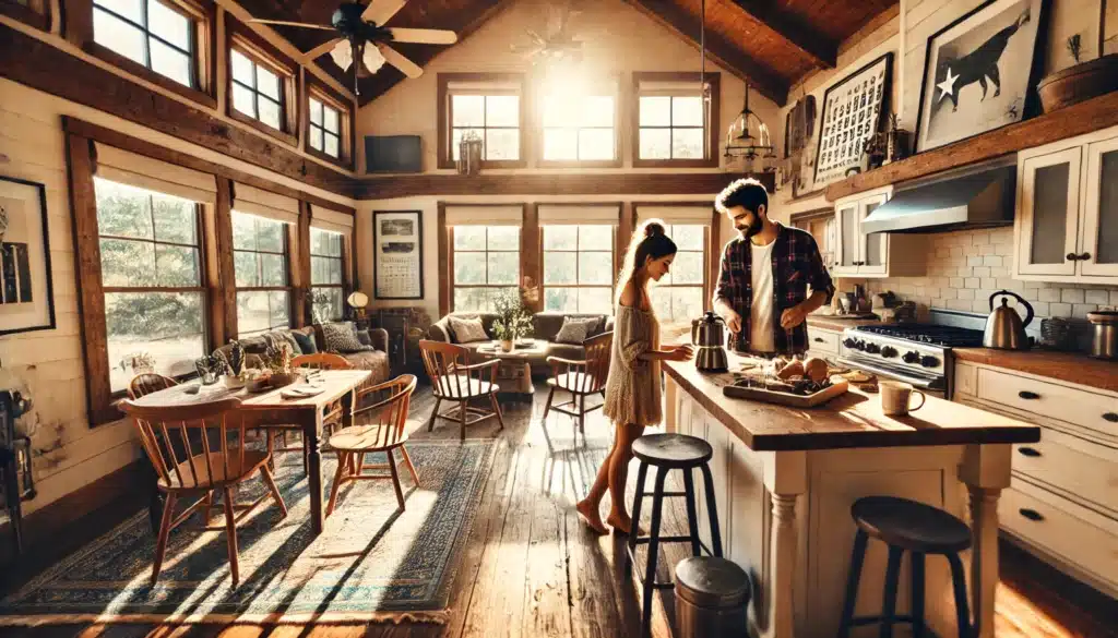A wide-angle, photo-realistic, cinematic image depicting the role of cohabitation in establishing common law marriage. A couple is seen inside a cozy Texas home on a warm summer afternoon, engaging in daily routines that reflect a committed partnership. The woman is preparing coffee in the kitchen while the man is setting the dining table, both smiling and interacting naturally. Sunlight pours in through the windows, casting a golden glow over the rustic wooden furniture and modern farmhouse decor. A shared calendar and framed pictures of the couple add a personal touch, symbolizing their life together. The scene captures the essence of cohabitation as a key element of common law marriage.