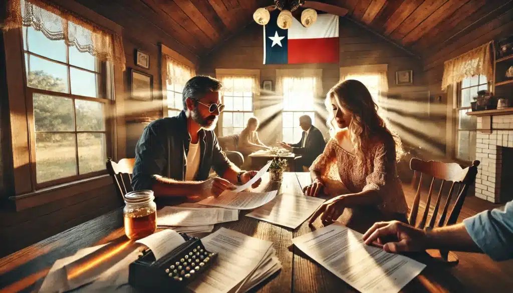 A wide-angle, photo-realistic, cinematic image depicting the process of proving a common law marriage in Texas. A couple sits at a wooden table in a sunlit Texas home on a warm summer day, reviewing important documents together. The man holds a legal document while the woman points to a shared bank statement. Nearby, a lawyer or notary is present, overseeing the paperwork. Sunlight filters through the windows, casting a golden glow on the rustic decor, evoking a sense of importance and authenticity. A Texas flag subtly appears in the background, reinforcing the setting. The image captures the seriousness of proving common law marriage through legal and financial records.