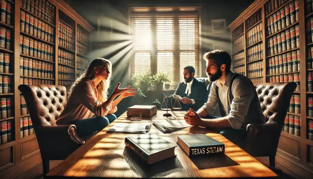 A wide-angle, photo-realistic, cinematic image depicting a dispute over a common law marriage in Texas. A couple is sitting across from each other in a law office, engaged in a tense discussion with their respective attorneys. The woman gestures in frustration while the man looks defensive, holding a document. Sunlight streams through the window, casting a warm glow on the wooden desk cluttered with legal papers, a notepad, and a Texas state law book. The background features a bookshelf filled with legal volumes, reinforcing the serious nature of the dispute. The atmosphere captures the emotional and legal complexities of contesting a common law marriage.