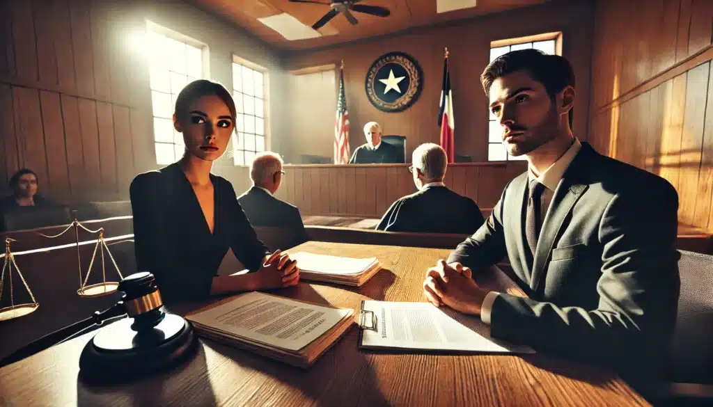 A wide-angle, photo-realistic, cinematic image depicting the legal consequences of common law marriage in Texas. A couple is seated in a courtroom, facing a judge who is reviewing documents. The woman looks concerned while the man appears contemplative, both dressed in formal attire. Their attorneys sit beside them, prepared for arguments. Sunlight filters through the large courtroom windows, casting a warm glow over the wooden benches and the Texas state flag in the background. The scene captures the serious and impactful legal ramifications of common law marriage, including property division and spousal rights.