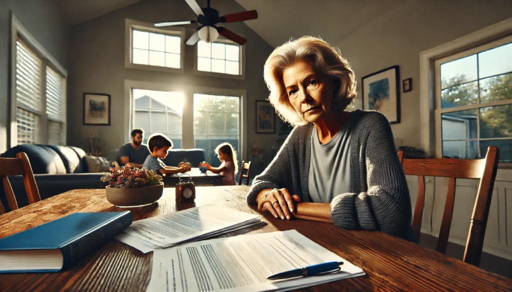 A wide-angle, photo-realistic, cinematic image set in a Texas suburban home during a warm summer afternoon. A concerned grandmother in her 60s, dressed in casual attire, is seated at a wooden table with legal documents spread out before her. A young child, around 7 years old, is playing quietly in the background with toys, symbolizing the child's well-being. Sunlight streams through a nearby window, casting a warm glow on the grandmother’s thoughtful expression. The setting emphasizes family law concerns and the emotional weight of grandparent custody decisions.