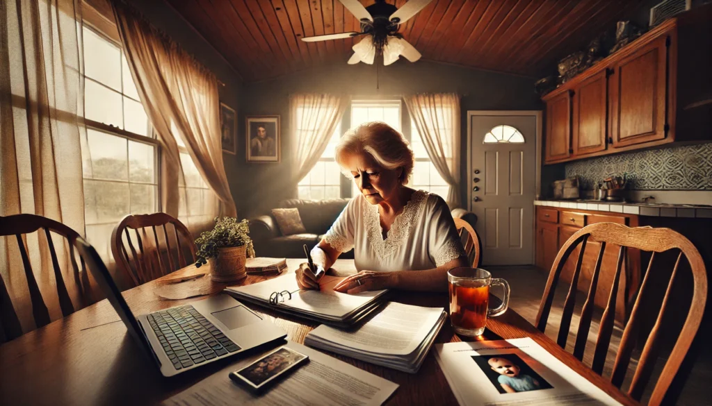 A wide-angle, photo-realistic, cinematic image set in a warm summer afternoon inside a Texas home. A determined grandmother in her 60s sits at a wooden dining table, focused on writing notes in a notebook with legal documents, a laptop, and a cup of coffee in front of her. A concerned yet hopeful expression is on her face. A family photo of her grandchild is prominently displayed on the table. Sunlight filters through the window, casting a warm glow, while a gentle breeze moves sheer curtains. The scene evokes a sense of preparation, determination, and care for family well-being.