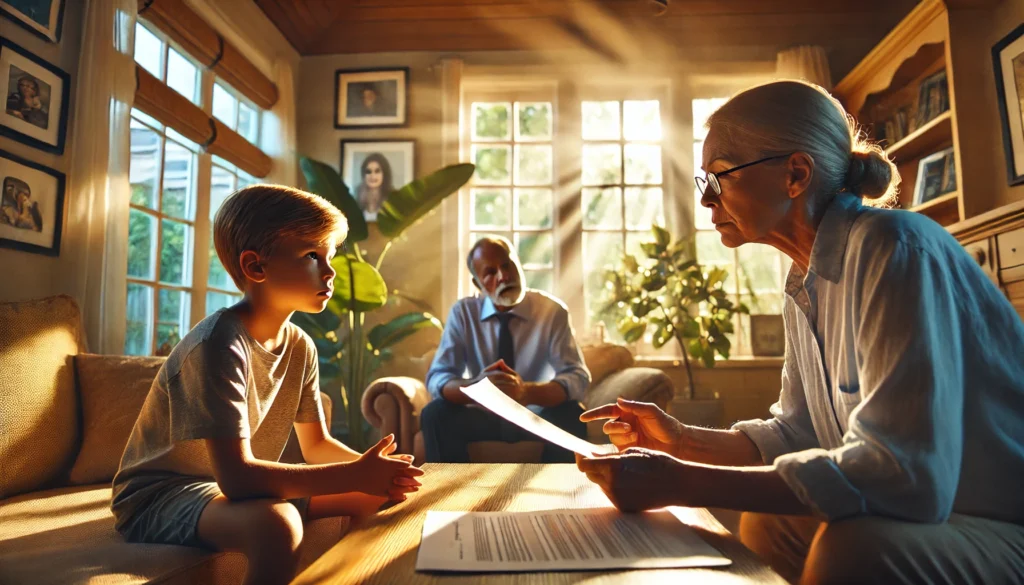 A wide-angle, photo-realistic, cinematic image with summer vibes. A concerned grandparent is seen in a warm, sunlit living room sitting with their grandchild. The grandparent holds a legal document while speaking earnestly with a family attorney sitting across from them. The atmosphere is calm yet serious, with sunlight streaming through the windows, illuminating family photos and comforting home decor. The grandparent's face shows concern mixed with determination, while the attorney provides guidance.