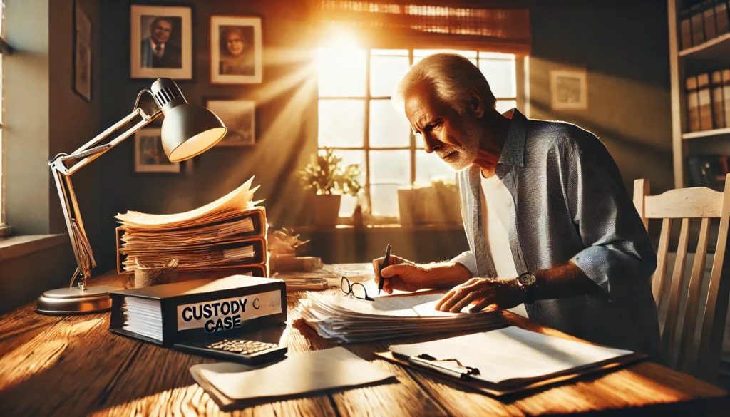 A wide-angle, photo-realistic, cinematic image with summer vibes. A determined grandparent is seen in a cozy, sunlit home office, carefully organizing legal documents on a wooden desk. The desk is covered with papers, a pen, a notepad, and a legal folder labeled 'Custody Case'. The grandparent is reviewing forms with a look of focus and determination. Sunlight streams through a nearby window, illuminating family photos and creating a warm, inviting yet serious atmosphere.
