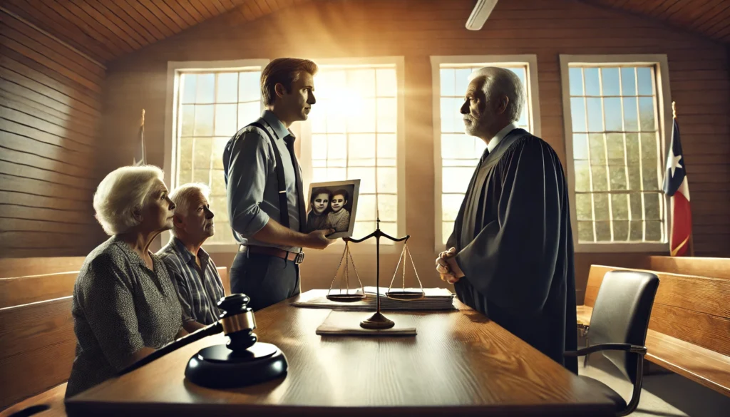 A wide-angle, photo-realistic, cinematic image with summer vibes. A Texas courtroom scene shows a concerned grandparent standing beside their attorney at a wooden table, presenting their case to a judge. The grandparent appears emotional yet determined, holding a family photo. The judge, a serious yet compassionate figure, listens carefully. In the background, a child sits quietly with a social worker, emphasizing the importance of the custody decision. The warm sunlight streams through the windows, creating a hopeful yet intense atmosphere.