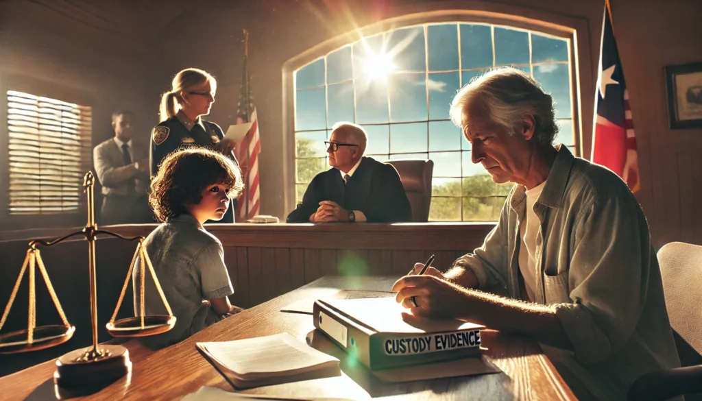 A wide-angle, photo-realistic, cinematic image with summer vibes. A Texas courtroom scene shows a judge thoughtfully reviewing documents while a concerned grandparent sits nearby with their attorney. The grandparent appears hopeful yet anxious, clutching a folder labeled 'Custody Evidence'. In the background, a family social worker speaks softly with a child, highlighting the child's emotional well-being as a key factor in the case. Sunlight streams through the courtroom windows, casting a warm yet serious atmosphere that emphasizes the gravity of the situation.