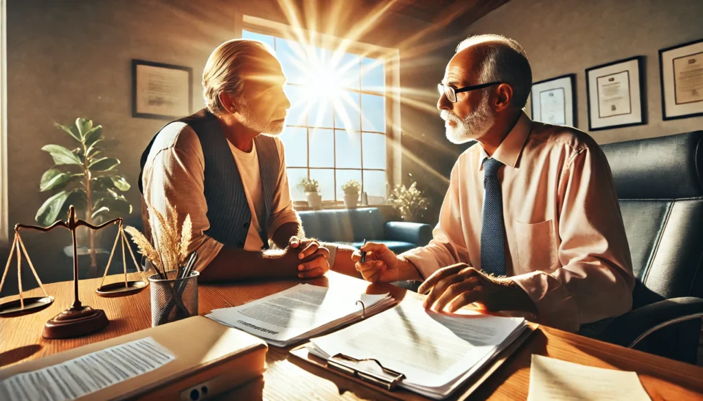 A wide-angle, photo-realistic, cinematic image with summer vibes. A determined grandparent sits across from an experienced family law attorney in a professional yet warm office. The grandparent is engaged in conversation, reviewing documents with the attorney who is explaining key points. The desk is organized with legal papers, a folder labeled 'Custody Case,' and a cup of coffee. Sunlight streams through the window, casting a warm glow on the scene, creating an atmosphere of guidance, support, and determination.