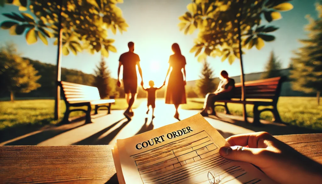 A wide-angle, photo-realistic, cinematic image with summer vibes. In the foreground, a close-up of a court order document lies on a bench or table, partially in shadow. In the background, slightly blurred, a family (two parents and a child) is visible, walking or interacting under bright summer sunlight. The focus is on the court order, symbolizing the legal weight of custody decisions, while the family appears distant and out of reach. The scene is emotional and reflective, with lush green trees, a warm golden glow, and clear skies.