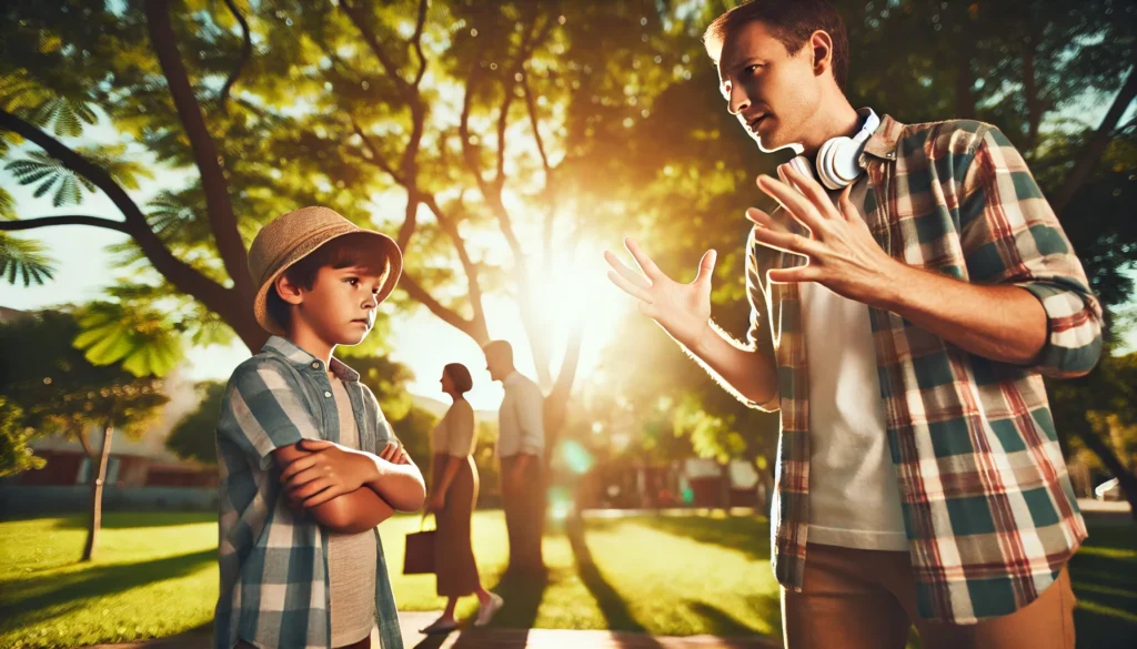 A wide-angle, photo-realistic, cinematic image with summer vibes. A parent is seen speaking with visible frustration, gesturing with their hands, while a child stands nearby looking visibly concerned or uncomfortable. In the background, the other parent is slightly out of focus, walking away or turned away. The setting is a park with bright sunlight, green trees, and warm summer tones. The image captures emotional tension and highlights the impact of negative communication on children during custody disputes.