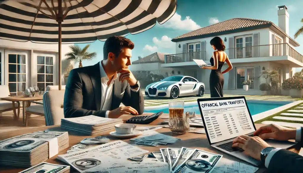 A wide-angle, photo-realistic, cinematic image set in a bright summer setting. A luxurious outdoor patio with financial documents scattered on a table. A man in a suit looks away nervously while a woman examines bank statements with a concerned expression. A laptop screen displays offshore bank transfers and hidden cryptocurrency transactions. In the background, a sleek car and a vacation home subtly fade, symbolizing hidden assets in a Texas divorce. The scene exudes tension and financial secrecy.