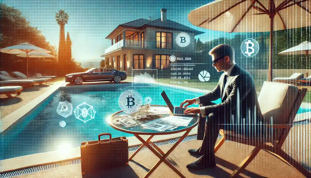 A wide-angle, photo-realistic, cinematic image set in a luxurious summer setting. A person in a suit sits at an outdoor table by a pool, discreetly reviewing financial documents. A laptop screen displays cryptocurrency transactions and offshore account details. In the background, an elegant villa and luxury car fade into transparency, symbolizing hidden assets. The atmosphere conveys secrecy and wealth concealment through investments.