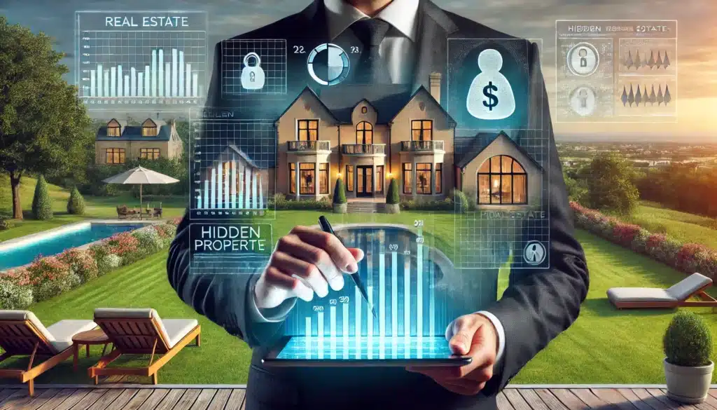 A wide-angle, photo-realistic, cinematic image set in a luxurious summer setting. A person in business attire stands on a balcony overlooking a grand estate, holding financial documents and a tablet displaying hidden property records. In the background, multiple luxury homes and real estate listings fade into transparency, symbolizing hidden assets. The scene exudes secrecy and wealth concealment through real estate investments.