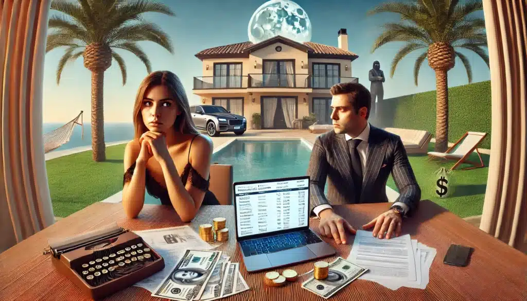A wide-angle, photo-realistic, cinematic image set in a luxurious summer setting. A couple sits tensely at an outdoor table, financial documents scattered between them. The woman looks frustrated while the man appears evasive, glancing away. A laptop screen displays offshore accounts and cryptocurrency transactions. In the background, a luxury car and vacation home fade into transparency, symbolizing hidden assets in a Texas divorce. The scene conveys tension, secrecy, and financial deception.