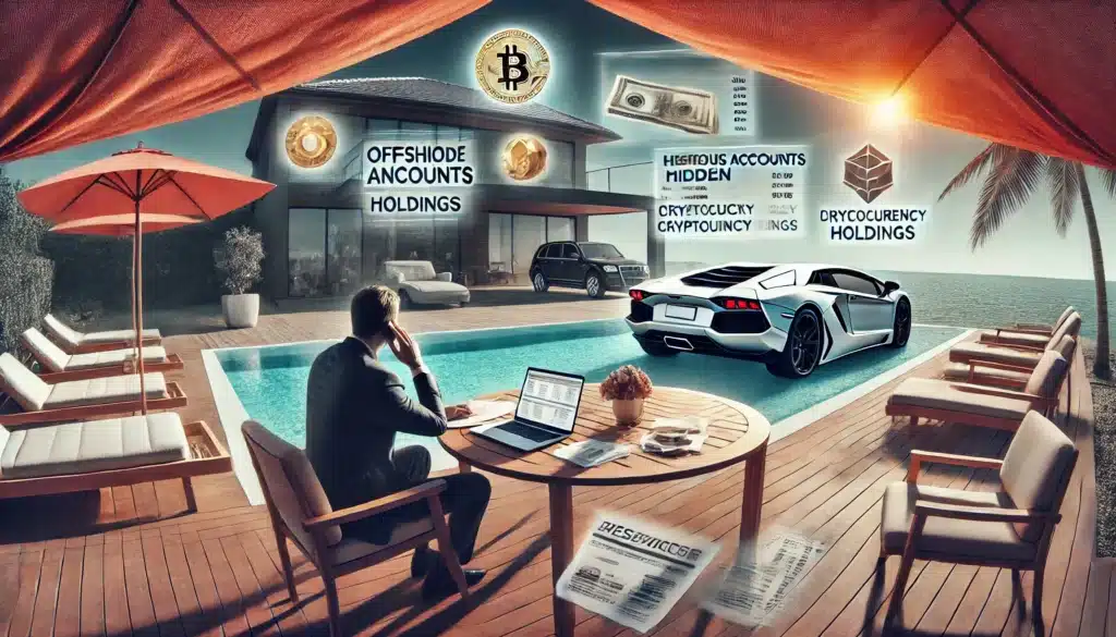 A wide-angle, photo-realistic, cinematic image set in a luxurious summer setting. A concerned spouse sits at an outdoor table with financial documents, highlighting suspicious transactions. A laptop screen shows offshore accounts and hidden cryptocurrency holdings. In the background, a luxury car and a vacation home fade into transparency, symbolizing concealed assets. The atmosphere conveys tension and uncertainty, representing red flags indicating asset hiding in divorce situations.