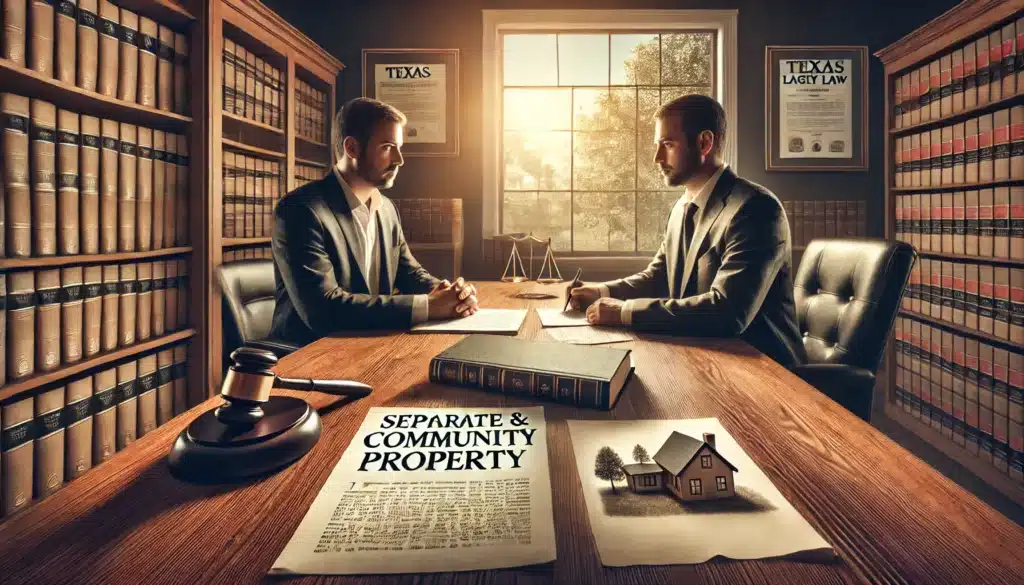 A photo-realistic, cinematic wide-angle image illustrating the concept of separate and community property in a Texas divorce. The scene is set on a warm summer afternoon with natural sunlight filtering through a law office window. A Texas family law attorney sits across from a concerned client, both reviewing financial documents and property deeds spread across a polished wooden desk. The atmosphere is professional yet tense, highlighting the importance of asset classification. The background subtly features Texas legal books and a framed certificate, reinforcing the legal setting. The image conveys a sense of clarity and strategy in navigating property division.