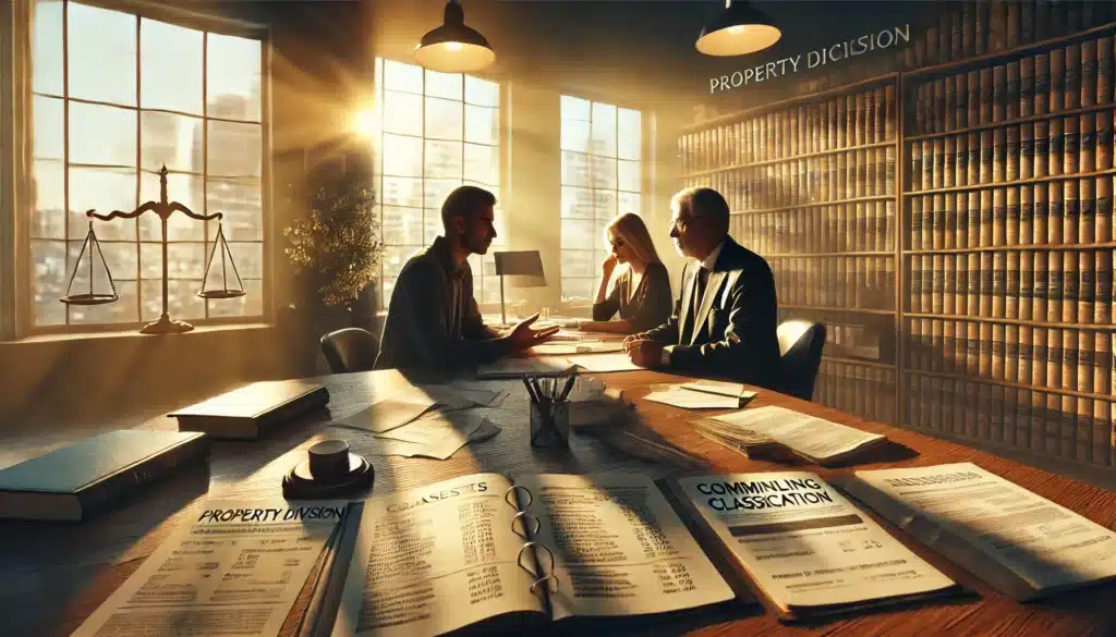 A photo-realistic, cinematic wide-angle image depicting the commingling of assets in property division during a divorce. The scene is set on a warm summer afternoon, with golden sunlight casting soft shadows across a legal office. A divorcing couple sits across from a family law attorney, visibly tense, as they review financial documents, bank statements, and property records scattered across a large wooden table. The attorney gestures towards a highlighted section of a document, emphasizing asset classification. In the background, a blurred bookshelf filled with legal texts and a window overlooking a city skyline reinforce the high-stakes nature of the discussion. The atmosphere is serious, yet professional, capturing the complexity of commingling in divorce settlements.