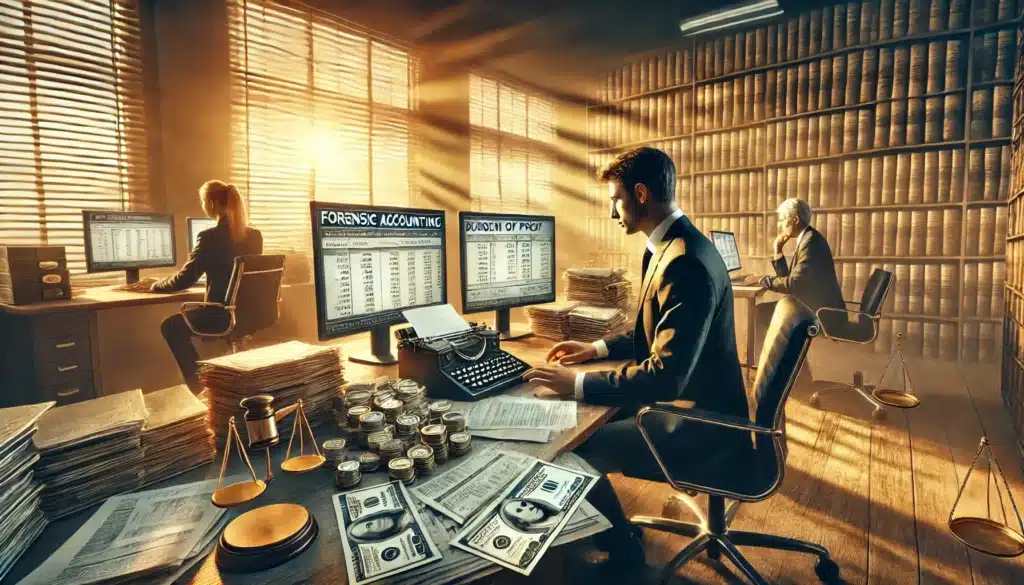 A photo-realistic, cinematic wide-angle image depicting forensic accounting in divorce cases and the burden of proof. The scene is set on a warm summer afternoon, with golden sunlight streaming through the windows of a professional office. A forensic accountant, dressed in business attire, sits at a sleek desk, meticulously analyzing financial statements, spreadsheets, and bank records on multiple computer screens. Nearby, a family law attorney and a concerned client observe the documents, discussing asset tracing and the burden of proof. The office background features bookshelves filled with legal and financial texts, adding to the serious and investigative atmosphere. The image conveys a sense of precision, strategy, and high-stakes financial analysis in divorce settlements.