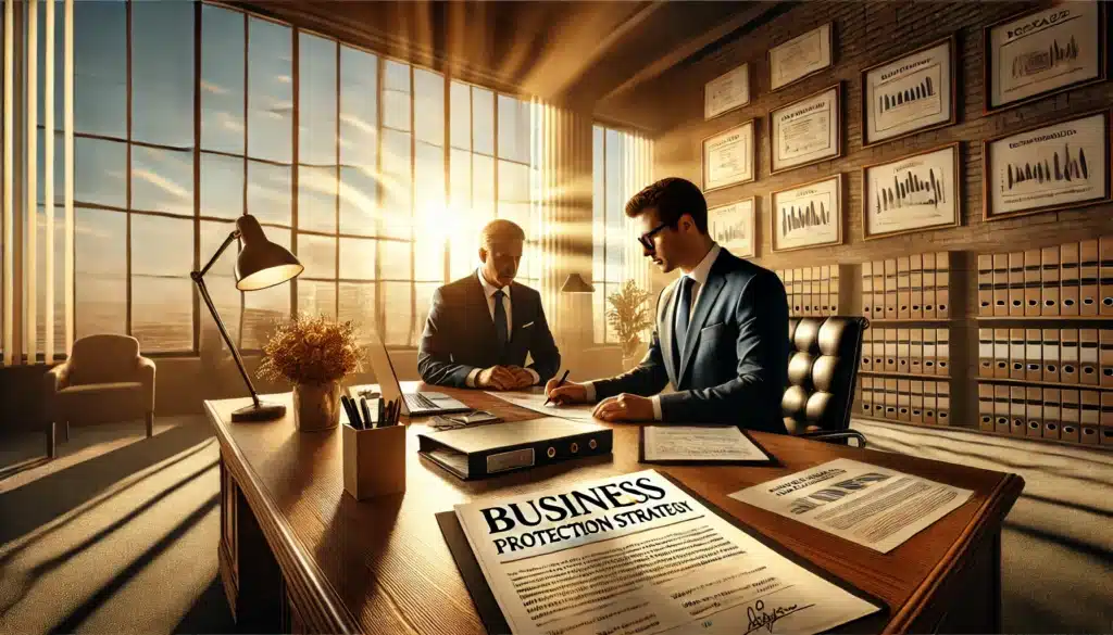 A photo-realistic, cinematic wide-angle image depicting the concept of protecting business interests in a Texas divorce. The scene is set in a modern office on a warm summer afternoon, with golden sunlight streaming through large windows. A determined business owner in professional attire sits at a polished desk, reviewing legal documents with a family law attorney. A contract labeled 'Business Protection Strategy' is visible on the desk, alongside financial records and a laptop displaying business valuation charts. The background features a well-lit office with framed certificates and legal books, reinforcing the professional setting. The atmosphere conveys a sense of strategy, urgency, and determination to safeguard business assets during a divorce.