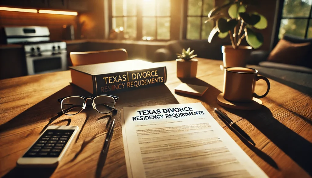 A cinematic, wide-angle image capturing a warm summer vibe, featuring a wooden desk with legal documents about Texas divorce residency requirements. The desk is bathed in natural sunlight from a nearby window, with a cup of coffee, reading glasses, and a notepad beside the papers. A subtle focus is on the text 'Texas Divorce Residency Requirements' visible on one of the documents. The background reveals a comfortable home office setting, adding to the calm yet serious tone of legal preparation.