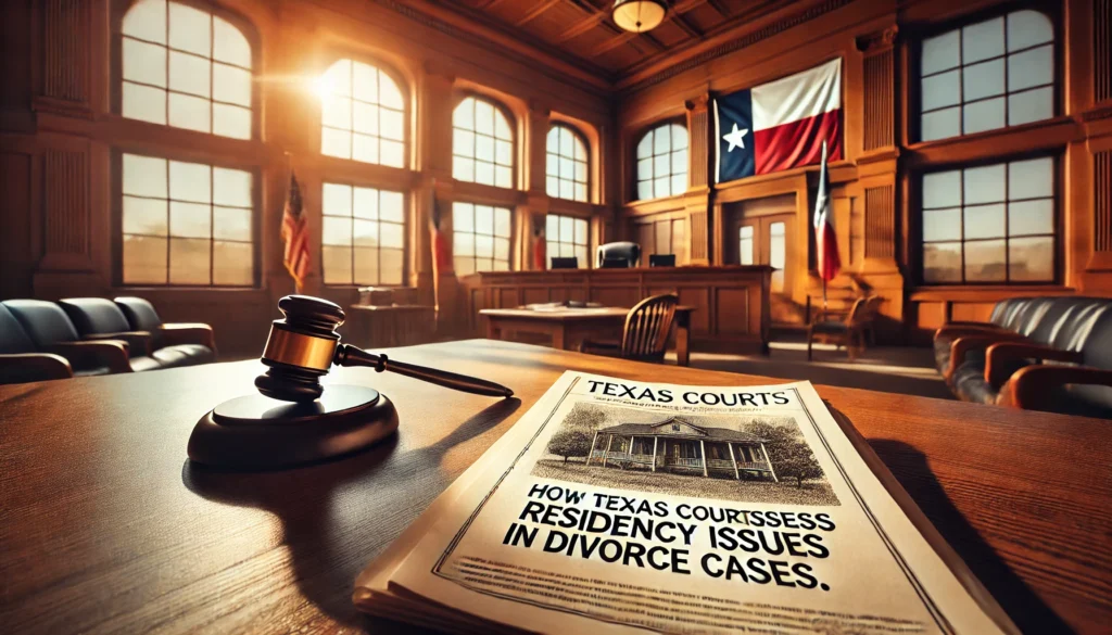 A cinematic, wide-angle image capturing a warm summer vibe, featuring a Texas courtroom with sunlight streaming through large windows. The focus is on a judge's bench with legal documents titled 'How Texas Courts Assess Residency Issues in Divorce Cases.' A gavel rests beside the papers, and a Texas state flag is prominently displayed in the background. The room has wooden furnishings, evoking a traditional yet professional courtroom setting with a calm and authoritative tone.