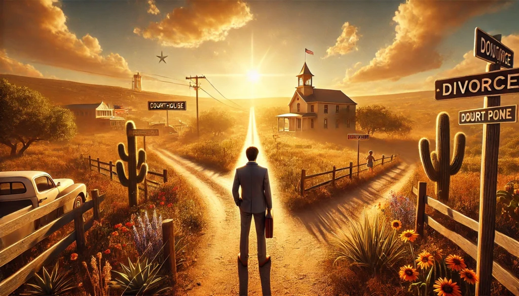 A cinematic, photo-realistic wide-angle image representing the concept of 'Understanding the divorce waiting period in Texas law.' The scene shows a symbolic visual of a person standing at a crossroads in a sunlit Texas landscape. One path leads toward a courthouse in the distance, while the other leads to a peaceful home with children playing in the yard. The atmosphere is warm with golden summer sunlight, blue skies, and rustic Texas scenery with wildflowers and cacti along the roadside. The figure appears contemplative, reflecting the emotional weight of the waiting period.