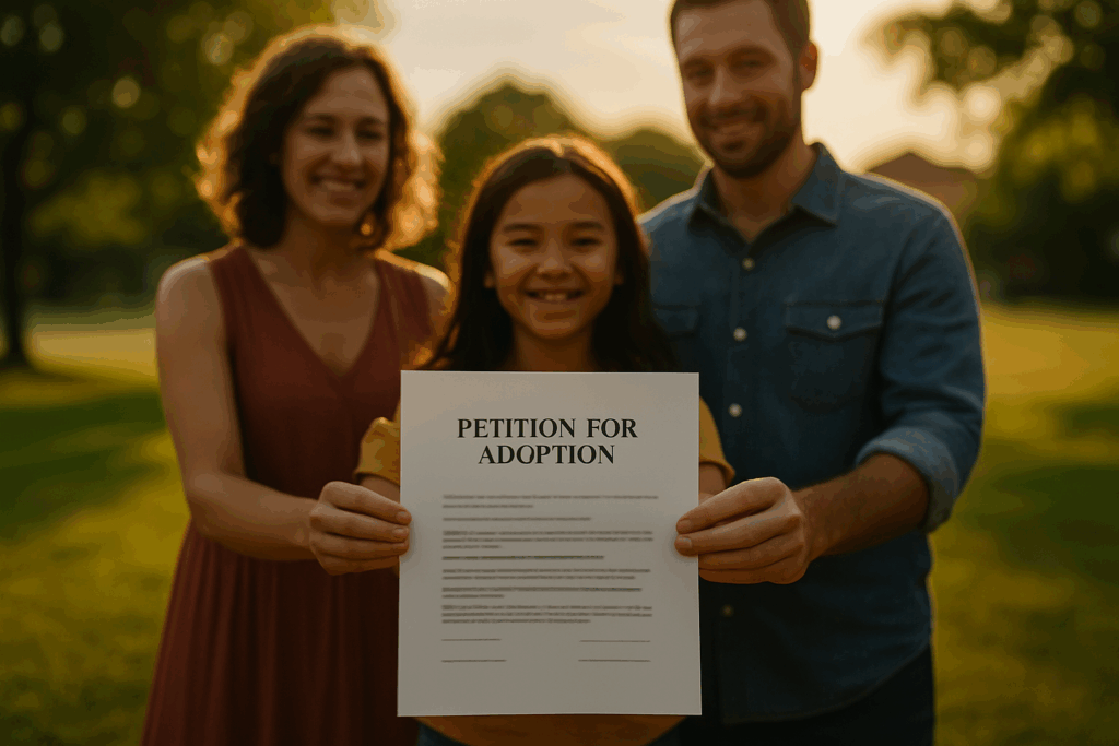 A blurred image of a family holding an adoption petition, symbolizing the adoption process.