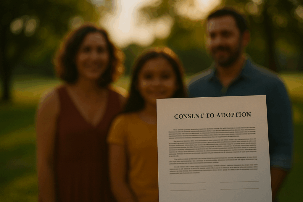 A close-up of consent forms for adoption, with a blurred family in the background.