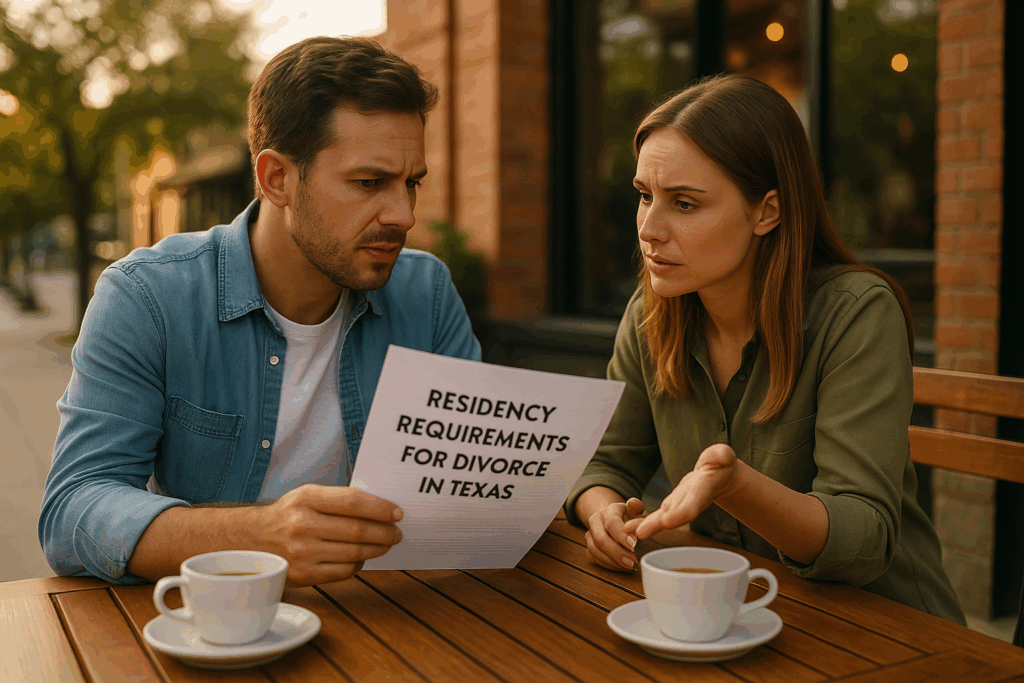 A couple discussing residency requirements for divorce in Texas.