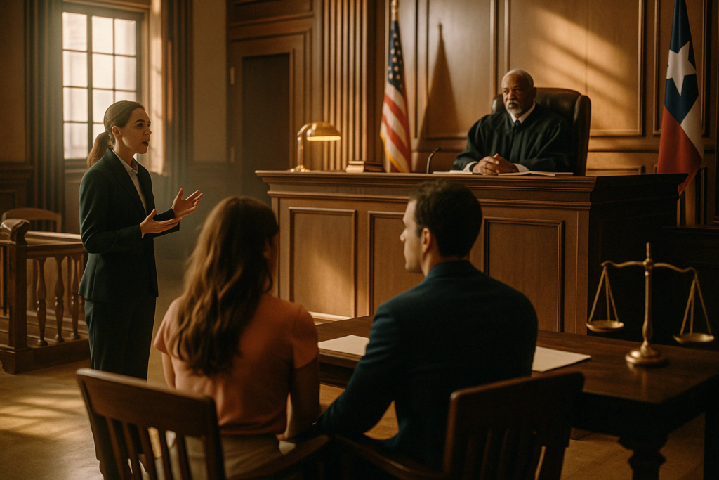 A courtroom scene illustrating the impact of adultery on divorce proceedings in Texas.