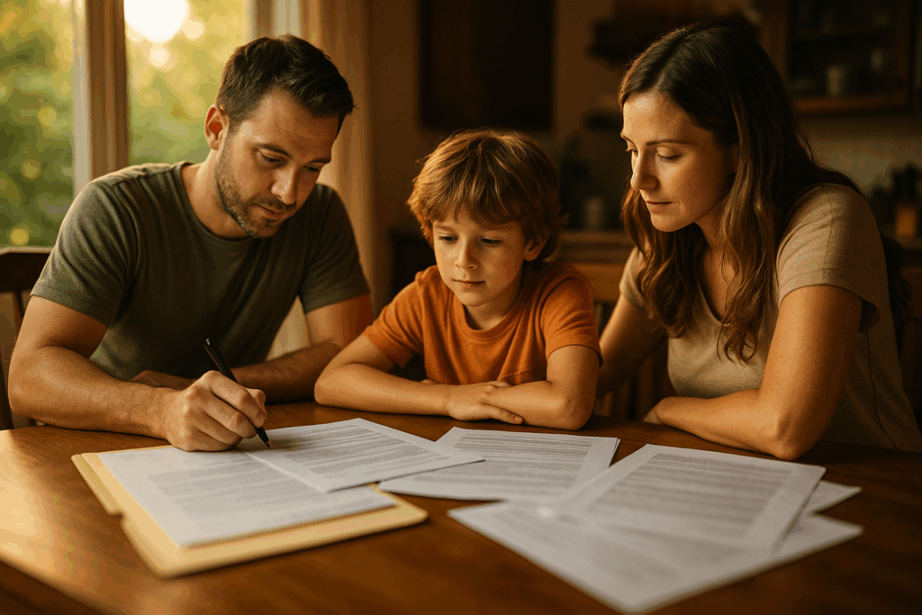 A family engaging in a home study, with documents scattered on the table.