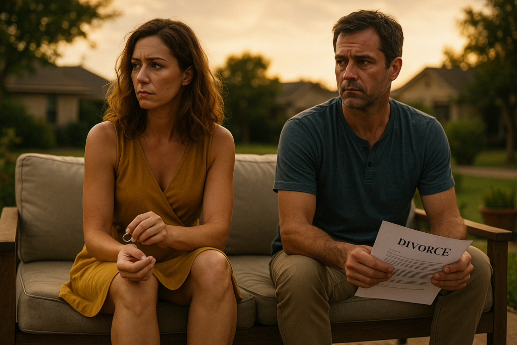 An illustration depicting the concept of adultery under Texas law, showing a couple in a conflicted marital relationship.