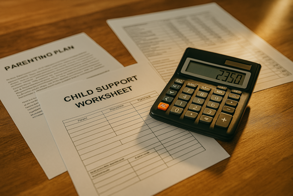 Calculating child support using worksheets, showing a calculator and documents.