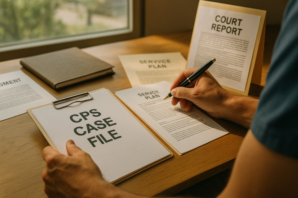 Reviewing key areas of a CPS case file for important information.