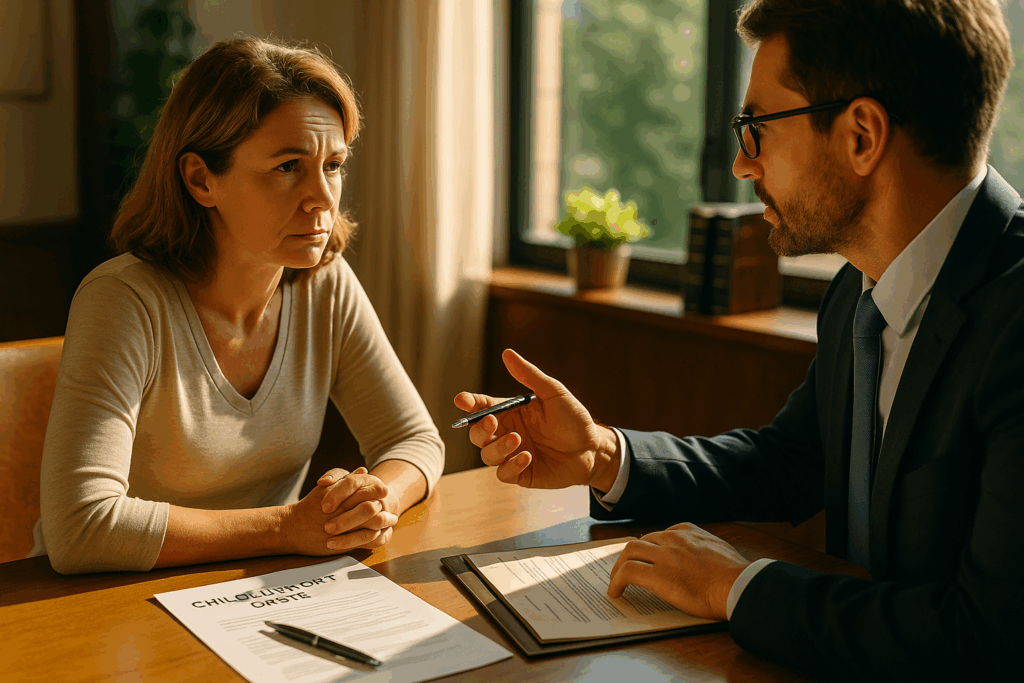 An illustration of enforcing child support orders, featuring a parent discussing with a legal advisor.