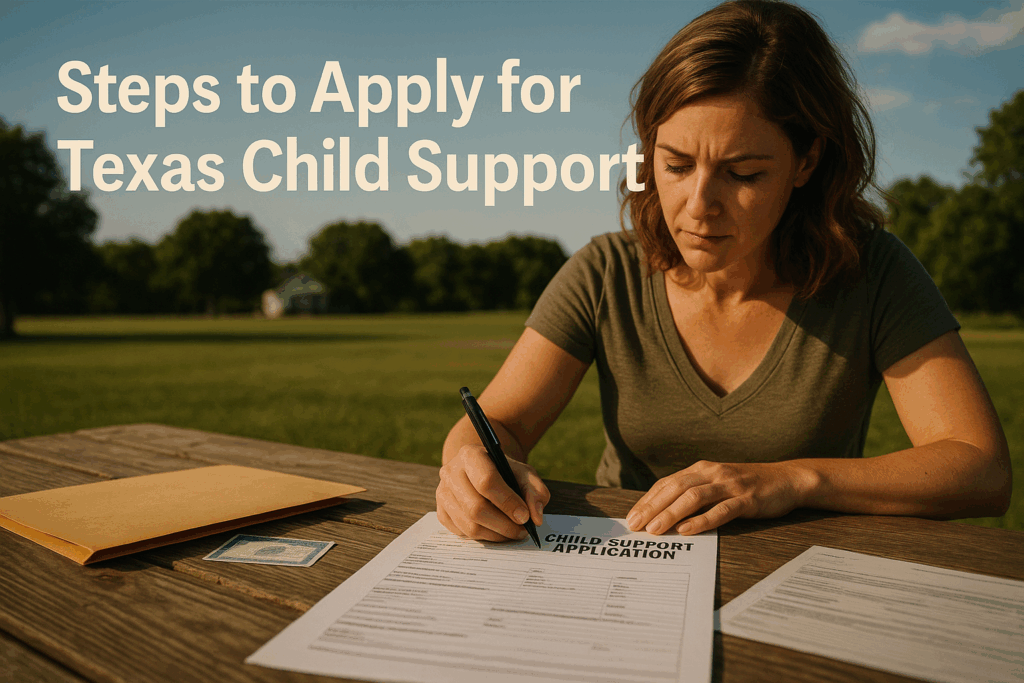 Steps to apply for Texas child support, showing a parent filling out an application form.