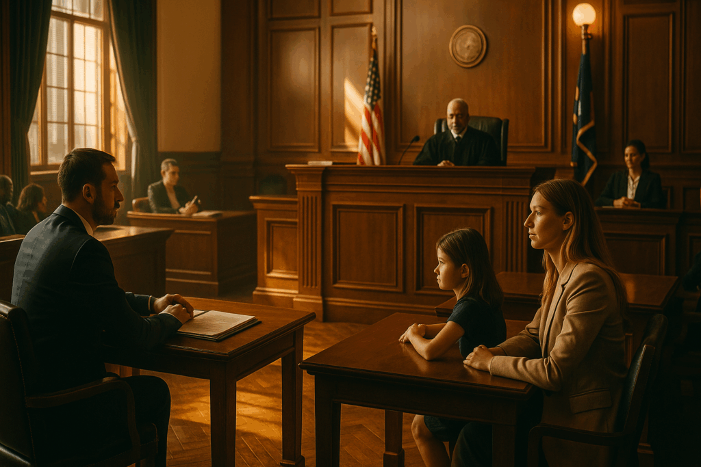 A courtroom scene depicting a family law case in progress.