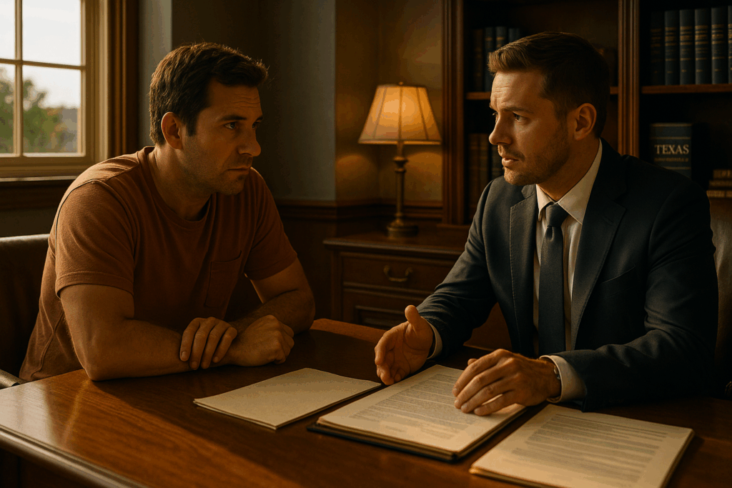 A father discussing his rights with an attorney in Texas.