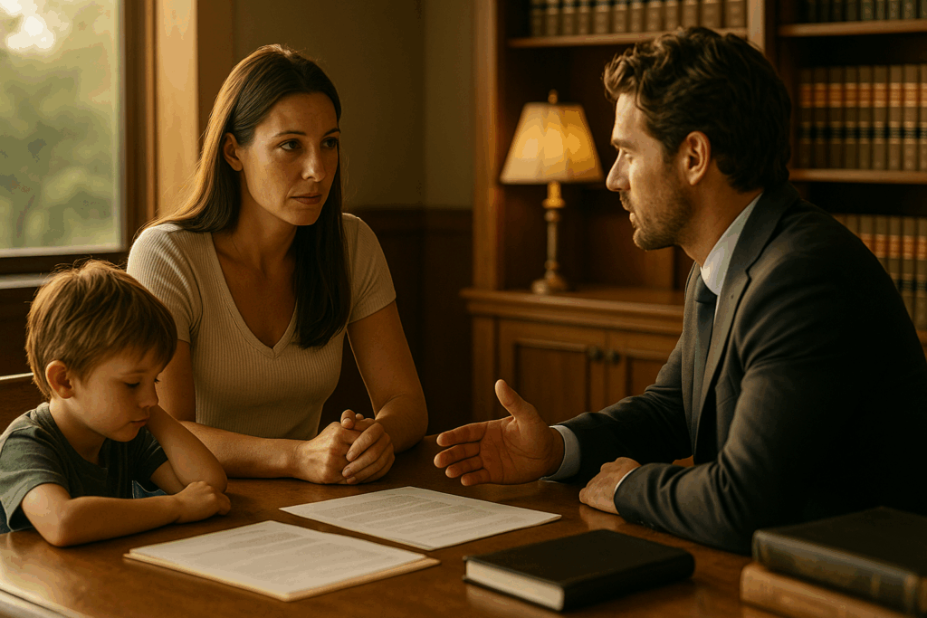 A mother discussing child custody arrangements with her attorney.