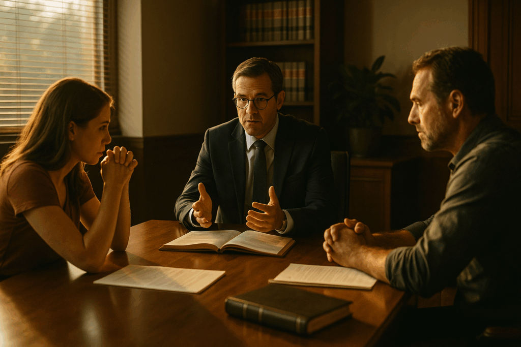 An attorney mediating a dispute between two parties in a legal setting.