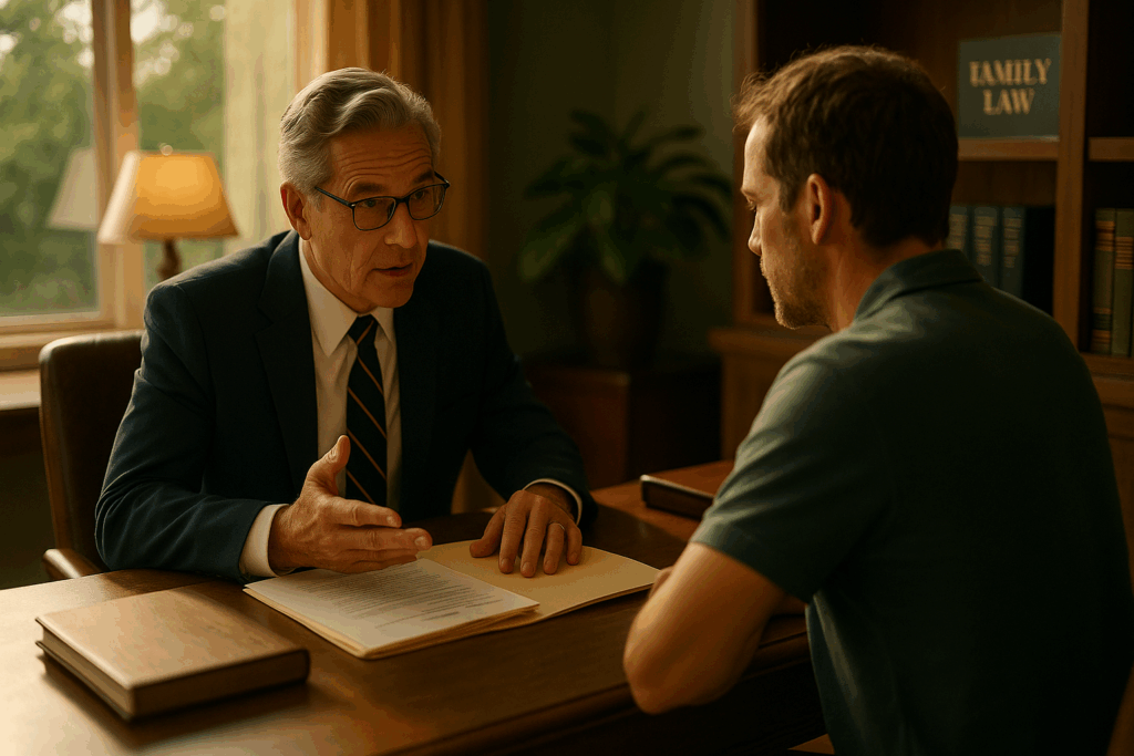 An experienced attorney advising a client on family law matters.