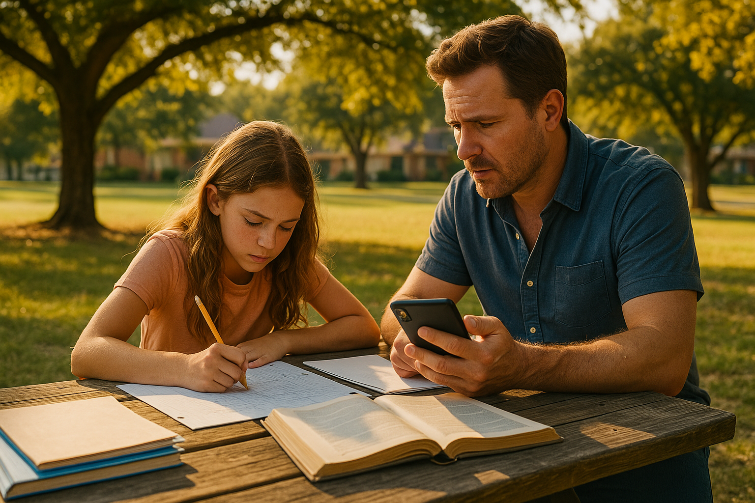 Father helping daughter with math homework at a picnic table during sunset in a Texas park, symbolizing the challenges of co-parenting and the value of a child custody consultation in Texas.