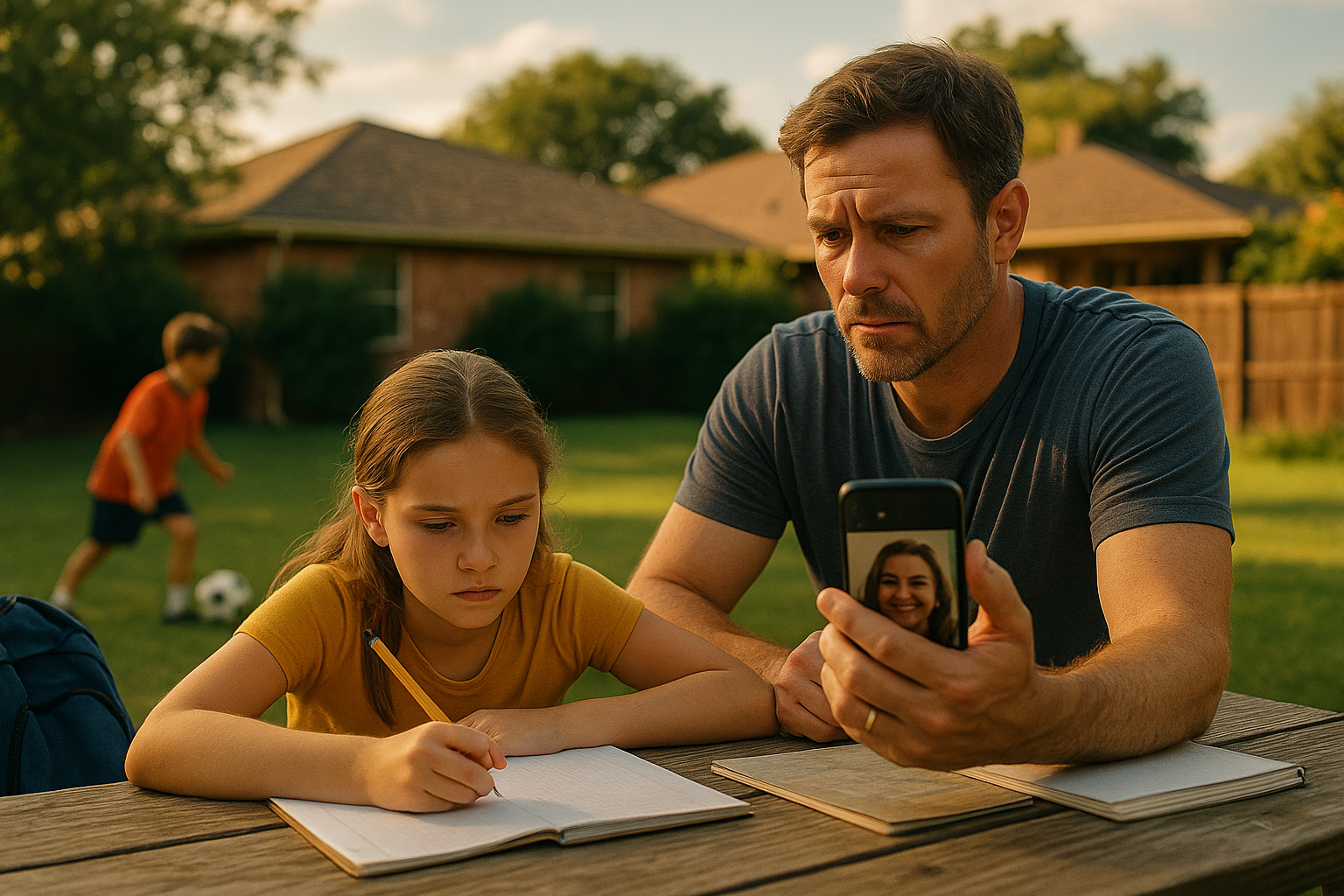 Father helping daughter with homework while on FaceTime with co-parent, representing co-parenting and school support after divorce.