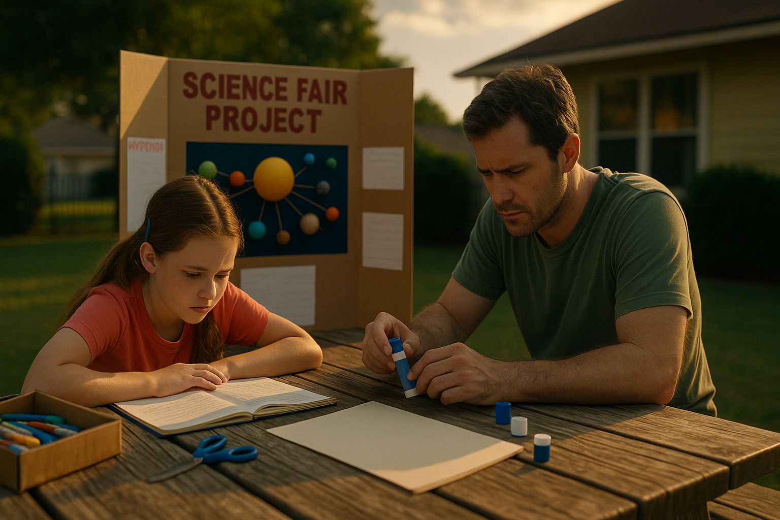 A father and daughter work on a science fair project at a backyard picnic table, illustrating parenting and school challenges during visitation disputes.
