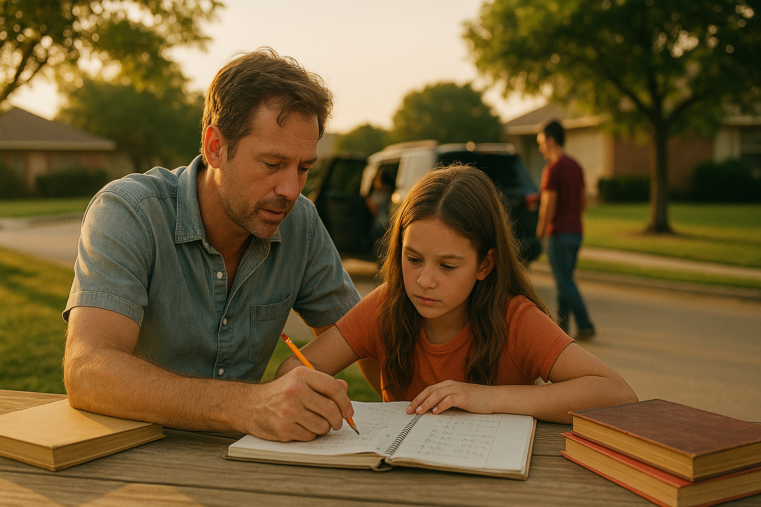Father helping daughter with math homework outside at sunset, reflecting co-parenting and educational stability during Texas divorce